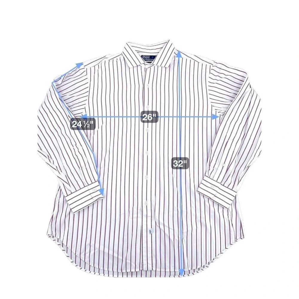 Polo Ralph‎ Lauren Button Down Mens 17-35 White Purple Striped Classic Vintage